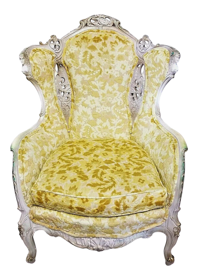 Usado en excelente estado! Antigua silla con respaldo de ala francesa Luis XV rococó tallada a mano de terciopelo Foto 2 de 4