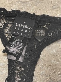 La Perla Black Label Bowler Hat Bra Thong Set 38B L Black Lace Dangling Heart 