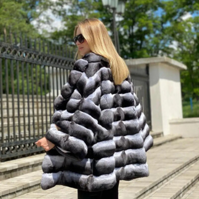Chinchilla Real Rex Rabbit Fur Coat New Women Winter Thick Jacket