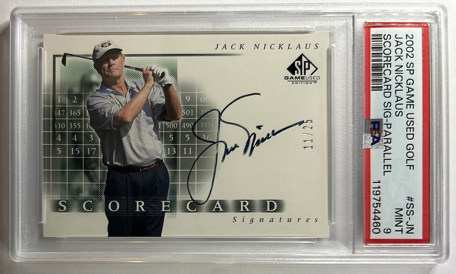 2002 UD SP GAME USED JACK NICKLAUS SCORECARD AUTO  /25 AUTOGRAPH PSA 9 MINT