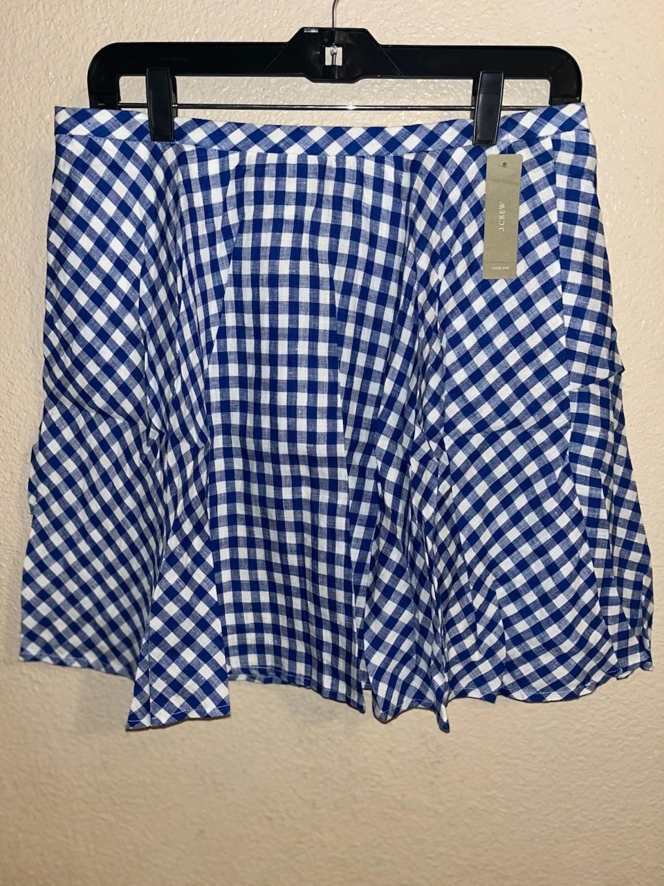 NWT J Crew Gingham Plaid Mini Skirt Size 6 Cobalt Blue Linen Pockets F1123