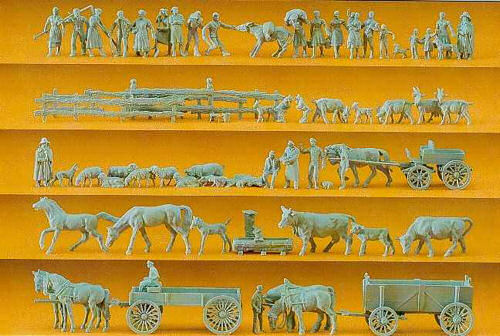 Preiser 16327 Rural Groups and Wagons (Pk 60 Unpainted Figures) OO/HO Gauge