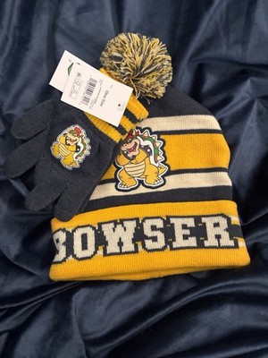 Super Mario Bowser Youth Stocking Hat & Gloves New One Size Blue Yellow Nintendo