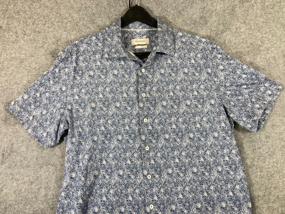 Bugatchi 8-Way Stretch Button Up Shirt Mens XL Blue White Floral Short Sleeve - Image 2 of 4