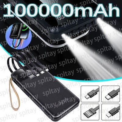 100000mAh Power Bank USB C Ladegeräte Zusatzakku mit 4 Kabel Für iPhone Samsung