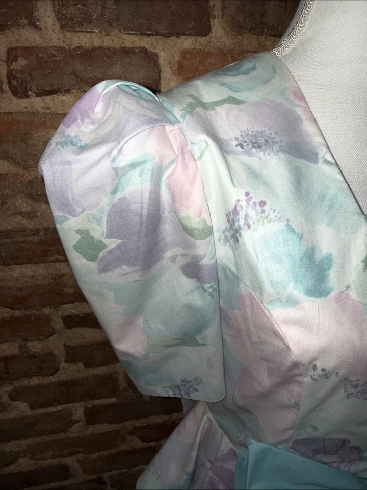 Vestido Leslie Lucks Vintage Años 80 Pastel Floral GRANDE Aqua Bow Mangas Abullonadas Talla 10 Foto 4 de 4