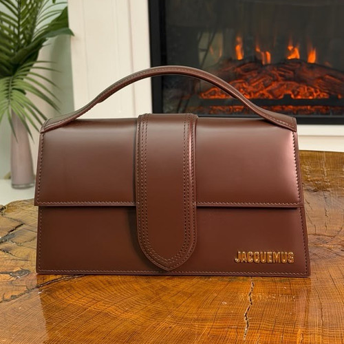 Jacquemus Brown Solid Rectangle Top Handle Bag w/ Gold Hardware Logo Stitching