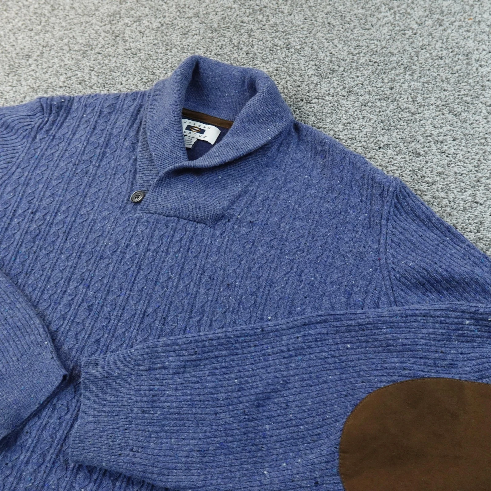 Joseph Abboud Sweater Mens XL Blue Marl Wool Shawl Collar Elbow Patch Cable Knit