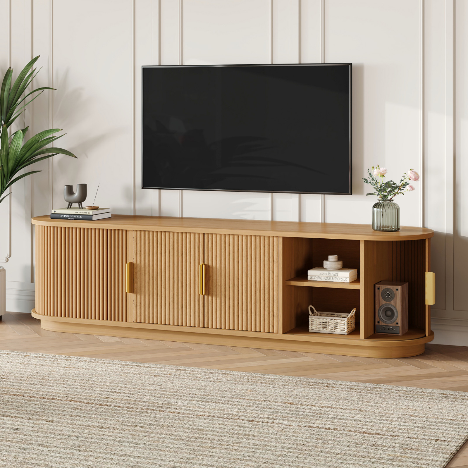 For Tvs Up To 75" Wood Fluted Media Console Cabinet With Sto