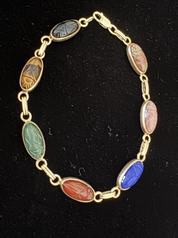 WOW RARE VTG W.E. Richards Company 14k Solid Gold MULTI GEMSTONE SCARAB BRACELET