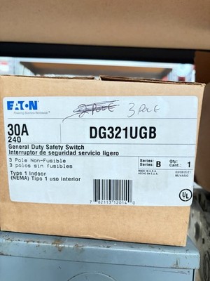 Eaton DG321UGB 30A 240V 3-Pole Non-Fusible Safety Switch Industrial Indoor 