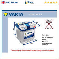 Battery fits BMW i3 2013 on Varta 002L 420A 44Ah 4Yr Warranty 175x175x190 New
