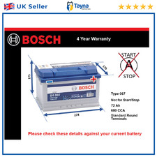 Car Battery S4007 Bosch 067 680A 72Ah 4Yr Warranty 278x175x175