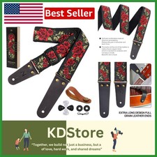 Vintage Embroidered Guitar Strap with Hidden Pocket  Full Grain Leather Ends