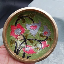 VTG BRASS ENAMEL TRINKET DISH/PLATE/BOWL  4" Small Round Floral Made in India