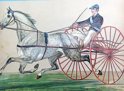 2x gr. OblateTrabrennen Rennpferd Pferd Traber Sulky 28cm u. Mädchen Apfel ~1860
