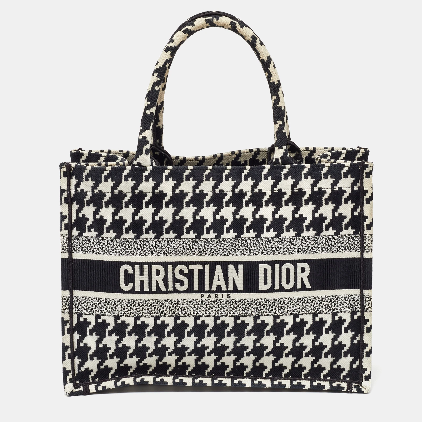 Sac fourre tout Dior noir/blanc brodé macro pied de poule moyen livre