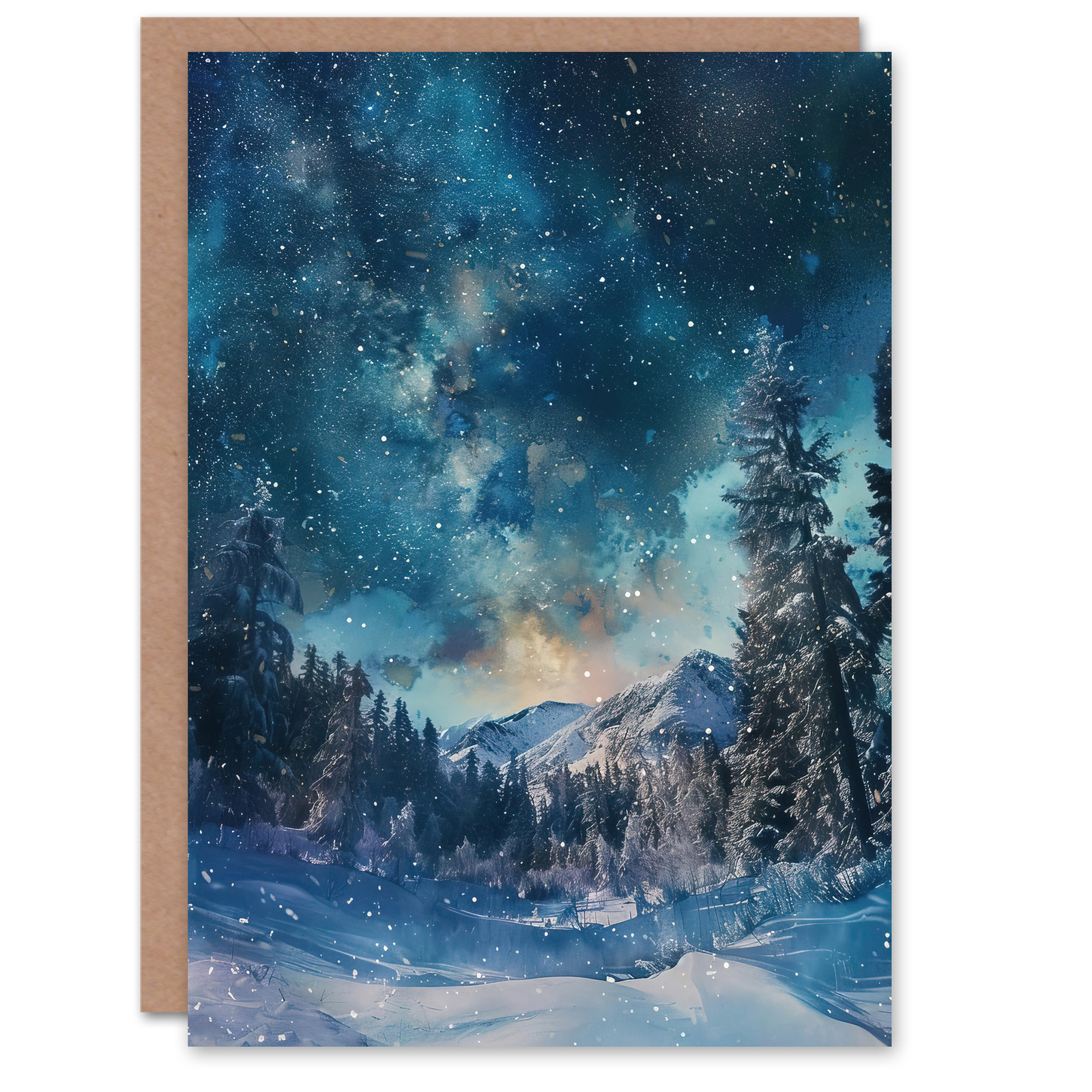 Greeting Card Night Snow Tranquil Forest Winter Landscape Stars Blank Birthday