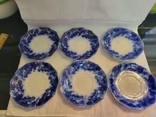 Vintage W. H. Grindley Argyle Flow Blue Saucers 6" Gold Accents Set of 6