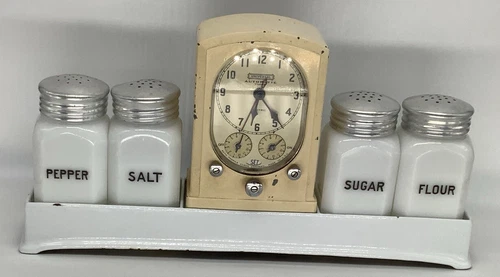 4 Milk Glass Salt Pepper Sugar Flour Seth Thomas Universal Auto Timer W/ Base
