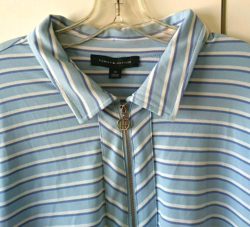 TOP TOMMY Hilfiger listrado azul branco manga 3/4 zíper parcial plus size 2x - Imagem 3 de 3