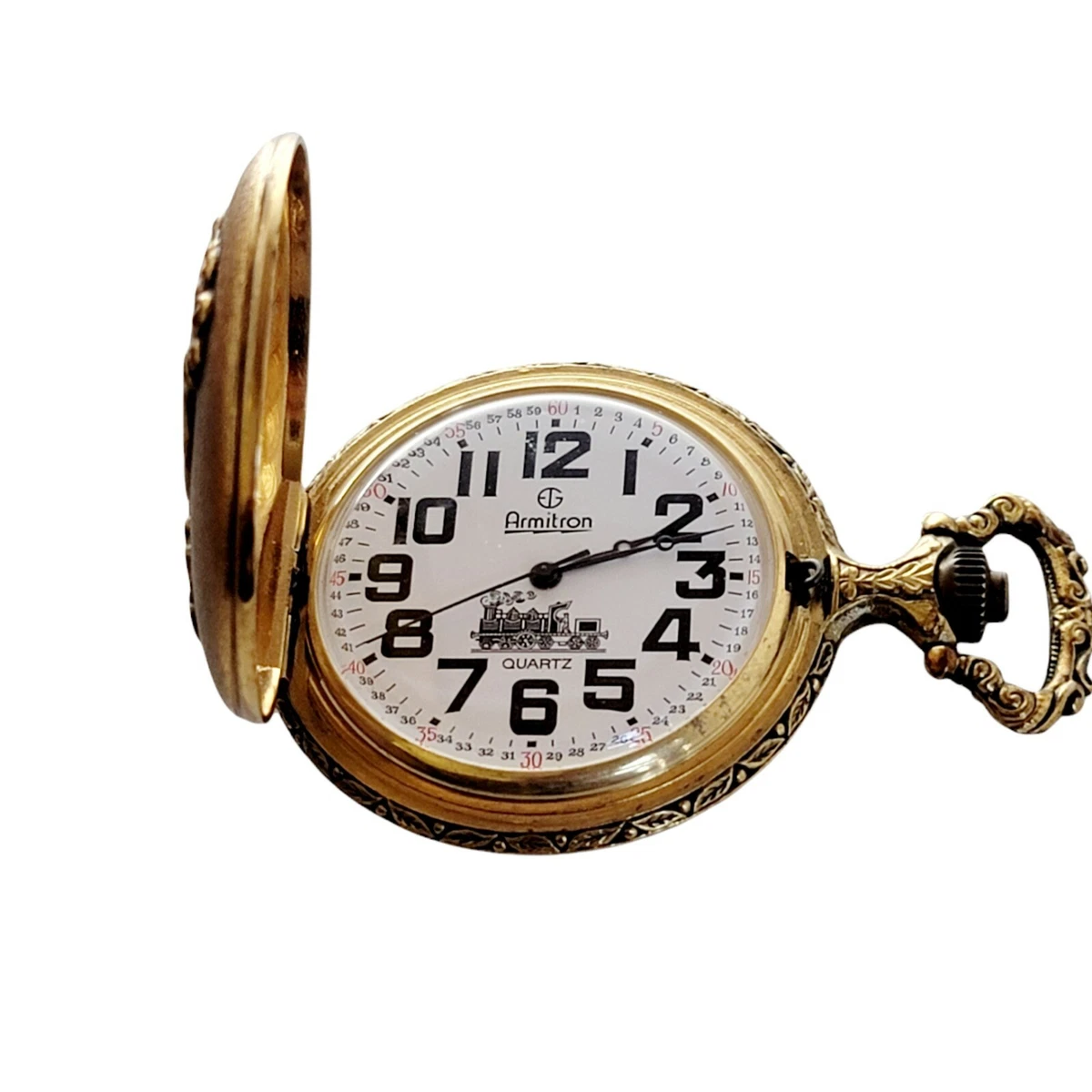 VINTAGE ARMITRON QUARTZ RAILROAD POCKET WATCH RAISED STEAM TRAIN ON FRONT