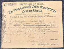 Crawshawbooth Cotton Manufactur Co Ltd 1 Share 5Pd  1861 Certificate No 694 #220