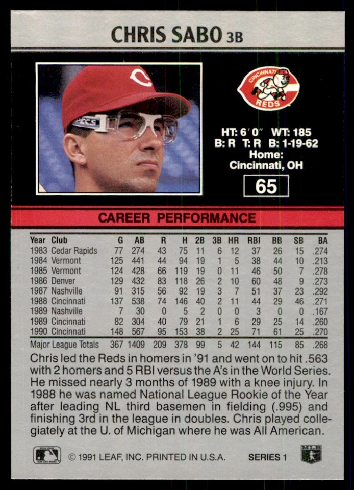 1991 Leaf Chris Sabo Cincinnati Reds #65 - Image 2 of 2