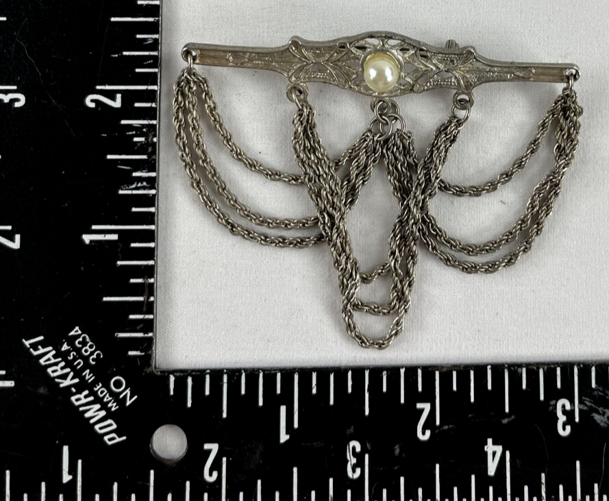 Vintage Brooch Silver Tone Chatelaine Hanging Chains Faux Pearl Bar Pin