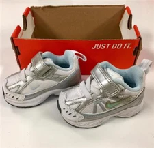 Nike LITTLE DART 6 White & Metallic Silver Baby Tennis Shoes NEW ~ Sizes 2c & 3c