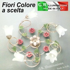 PLAFONIERA IN FERRO BATTUTO 5 L. AVORIO ORO LAMPADARIO SOFFITTO FIORI ROSA Sogno