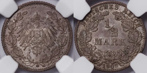 NGC Graded MS62 Germany-Empire 1909G 1/2 Mark Unc World Silver Coin Better Date