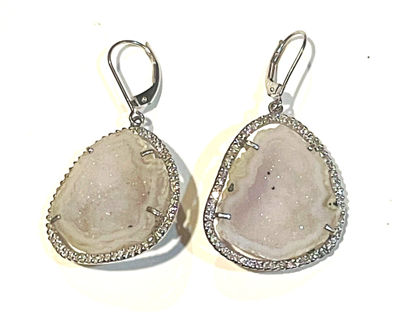 14k white gold Natural crystal Geode Quartz .47ct Diamond dangle earrings 6.3g