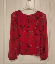 Banana Republic Red Floral LS Pullover Blouse, Size XSP