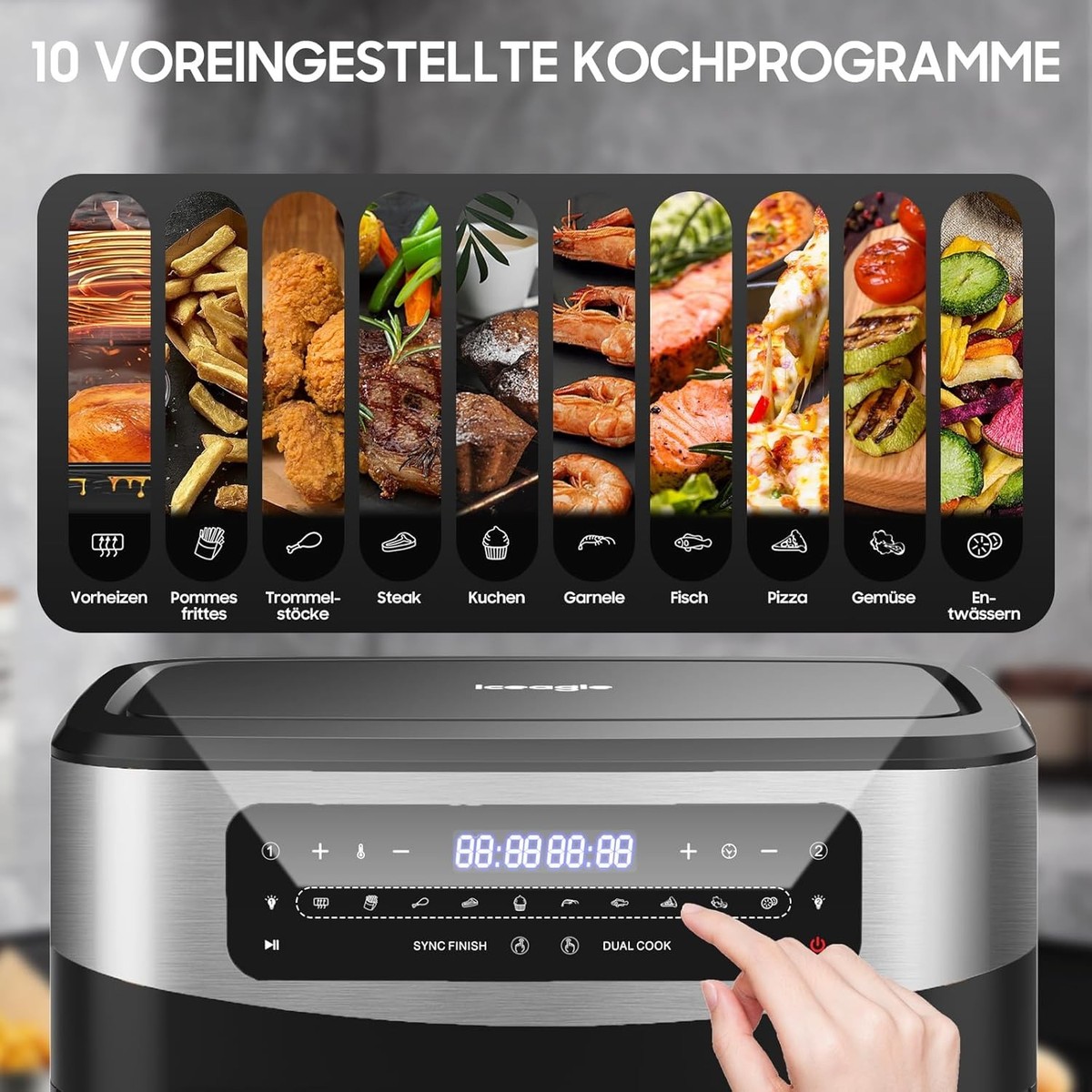 Iceagle Friggitrice Ad Aria 6,5 Litri XXL – Air Fryer 1700W Con Touch Screen E 8 Programmi – Cottura Senza Olio, Risparmio Energetico E Cestello Antiaderente Lavabile In Lavastoviglie