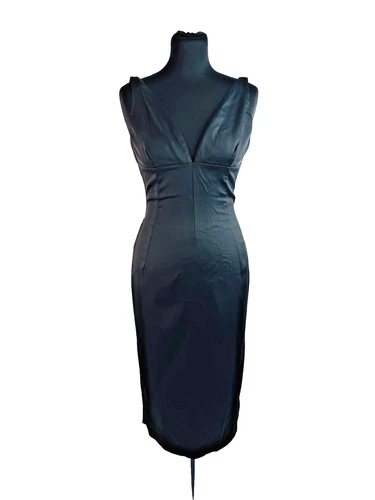 Vintage D&G Dolce & Gabbana Black Satin V-Neck Wiggle Sheath Midi Dress Sz uk8