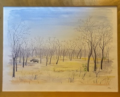 Mary Anne Bartlett Aquarell Gemälde Nashorn im Mopanewald signiert gerahmt