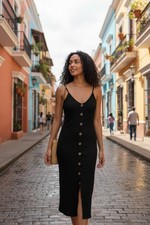 Express Black Ribbed Knit Button-Front Midi Dress