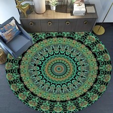 Extra Large Round Area Mat - Emerald Green Golden Mandala Mat, Machine Washabl