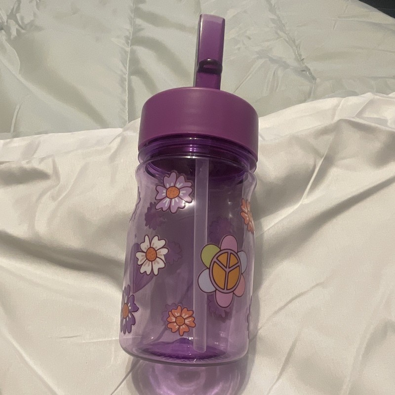 Purple Plastic Kids Water Bottle 4 oz Lid w/ Straw Handle Floral