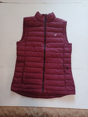 ASICS Women s Burgundy Red Puffer Vest  Sz M Nylon Duck Down Travel Lt Weight