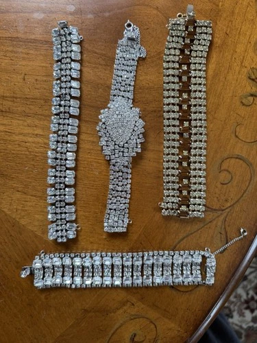 Lot of 4 Vintage Costume Jewelry Bracelets Rhinestones, Crystals Very Sparkly!
