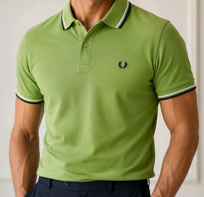 Fred Perry Polo Herren XL (L) 46'' 117cm hellgrün kurzarm Poloshirt Light+Stretch