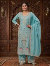 Stunning Heavy Chinon Silk Sky Blue Top Palazzo With Dupatta For Ethnic Wear