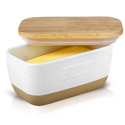 Ceramic Butter Dish with Lid for Countertop, Airtight Butter Keeper with Wood...