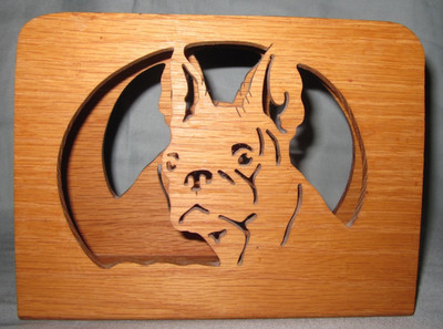 Handmade wood cutout Boston Terrier dog napkin holder, signed Cliff Rozar