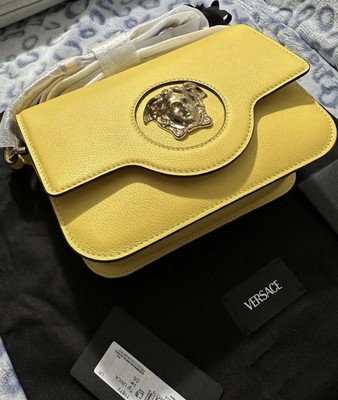 Versace La Medusa Logo Plaque Yellow Pebbled Leather Crossbody Bag New $1625