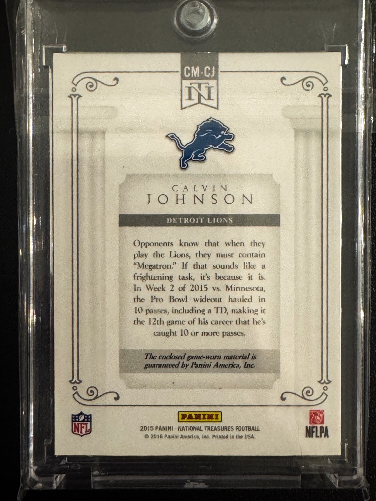 2015 National Treasures CALVIN JOHNSON Game Worn Laundry Tag 1/1 Mint MEGATRON view 2