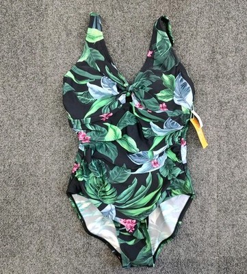NWT Kona Sol Swimsuit One Piece Black Tropical Floral Print Side Ruching  M 8-10