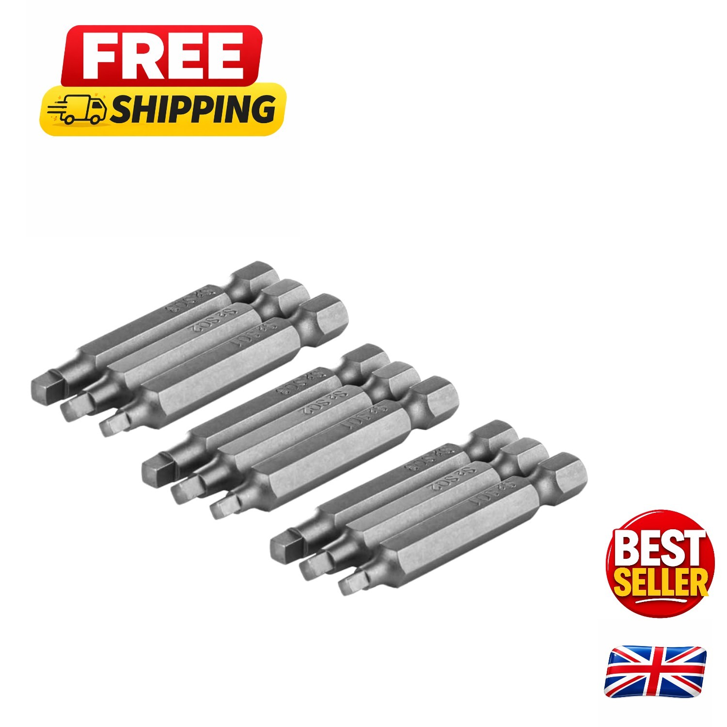 Professional 9-Piece S2 Steel Square Screwdriver Bit Set - Hex Shank, Magnetic